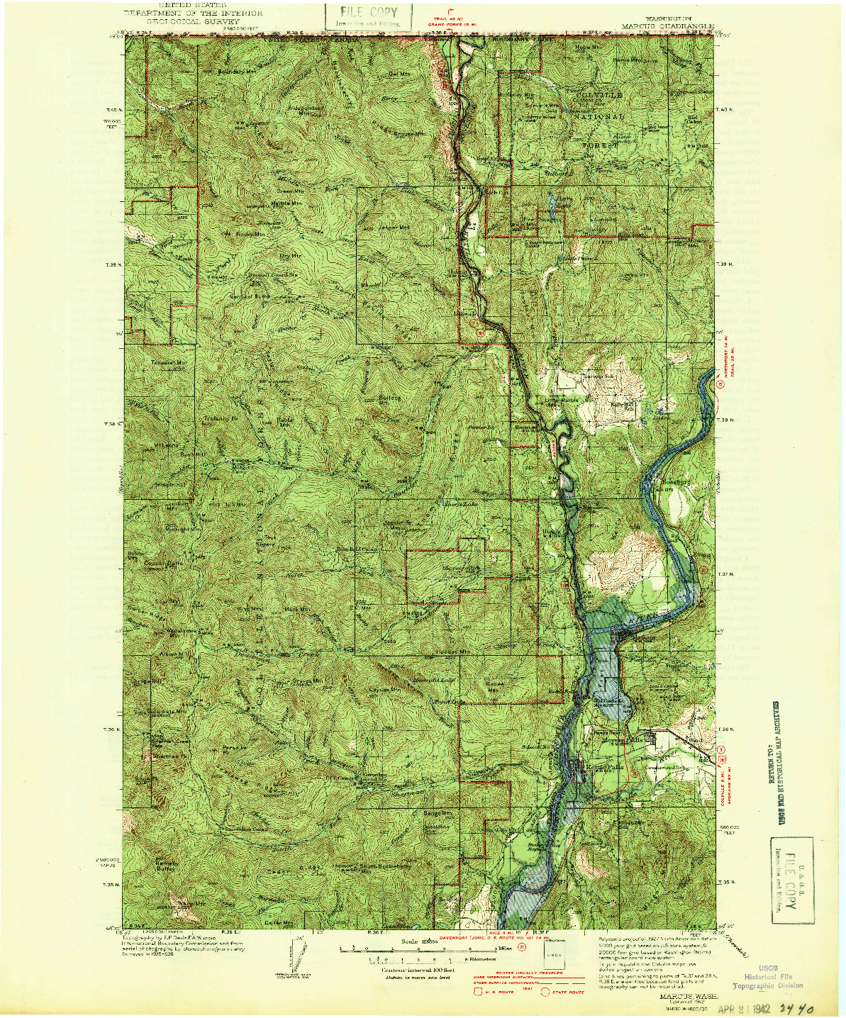 USGS 1:125000-SCALE QUADRANGLE FOR MARCUS, WA 1942