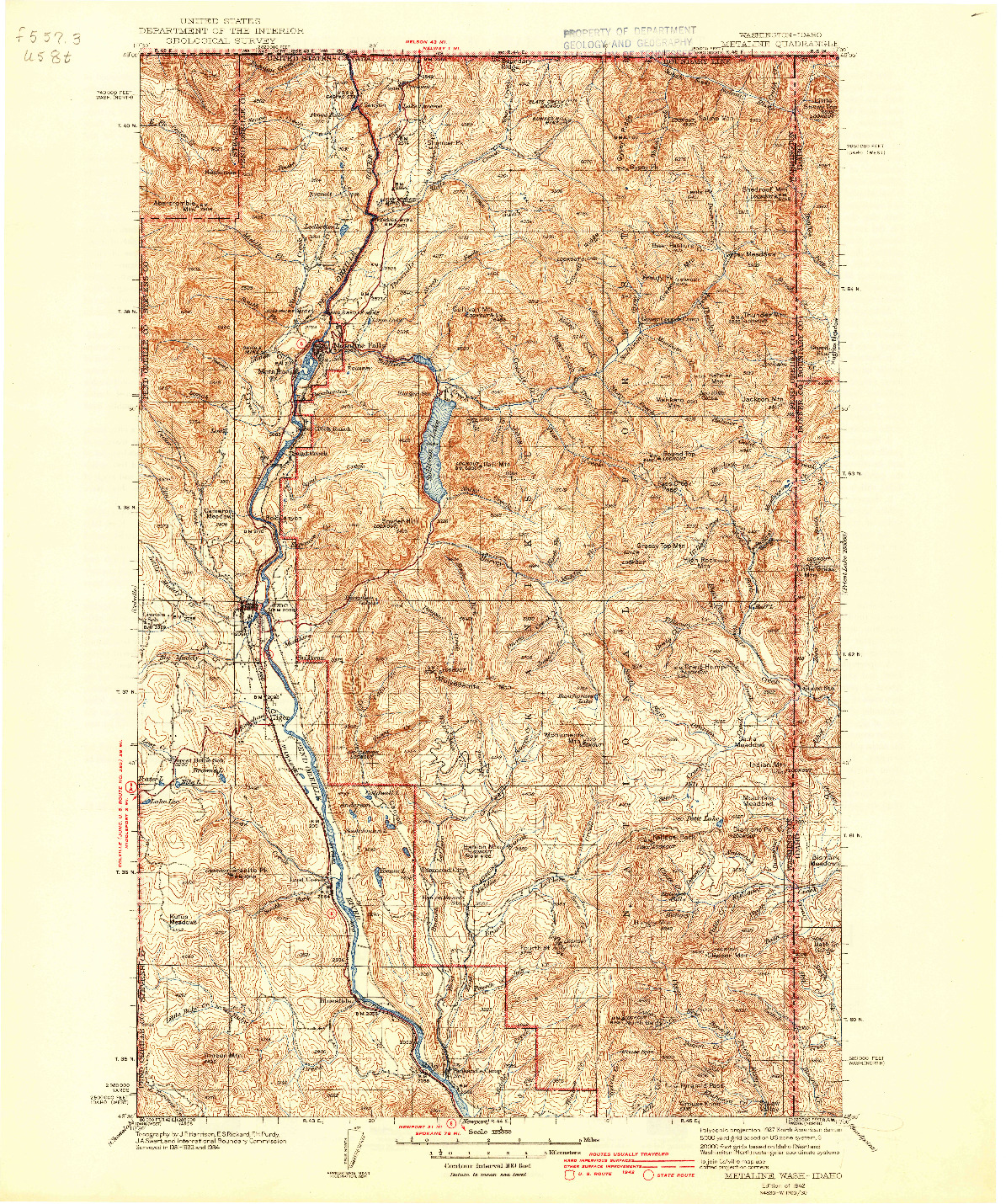 USGS 1:125000-SCALE QUADRANGLE FOR METALINE, WA 1942