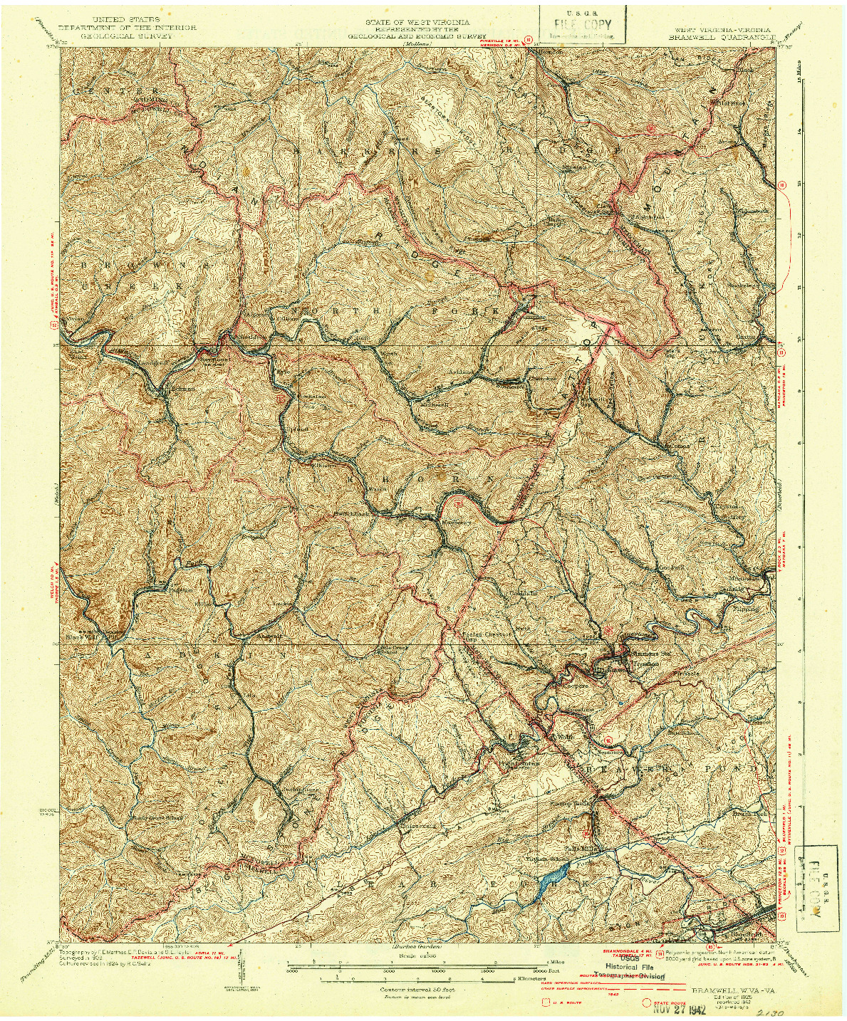 USGS 1:62500-SCALE QUADRANGLE FOR BRAMWELL, WV 1925