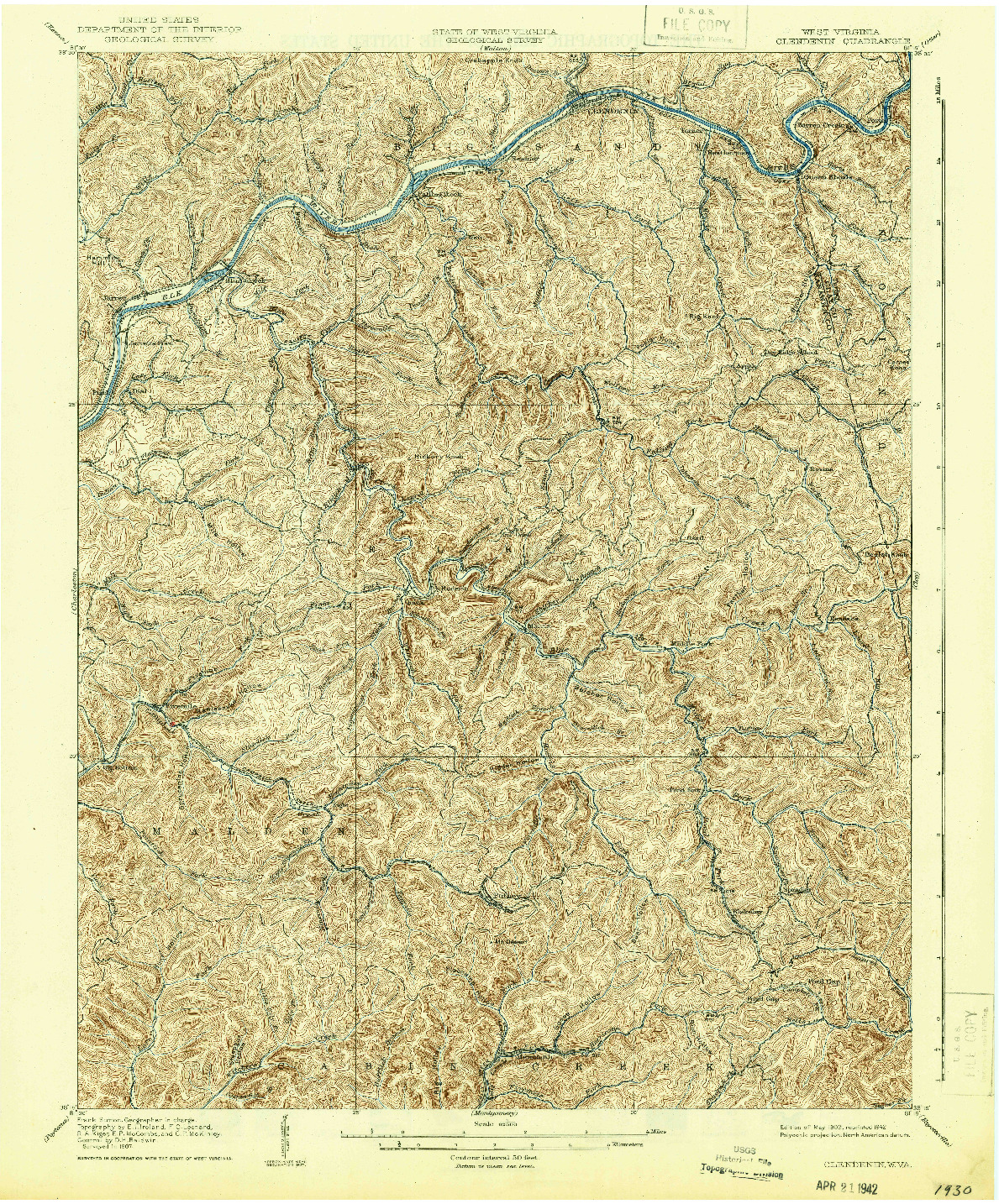 USGS 1:62500-SCALE QUADRANGLE FOR CLENDENIN, WV 1909