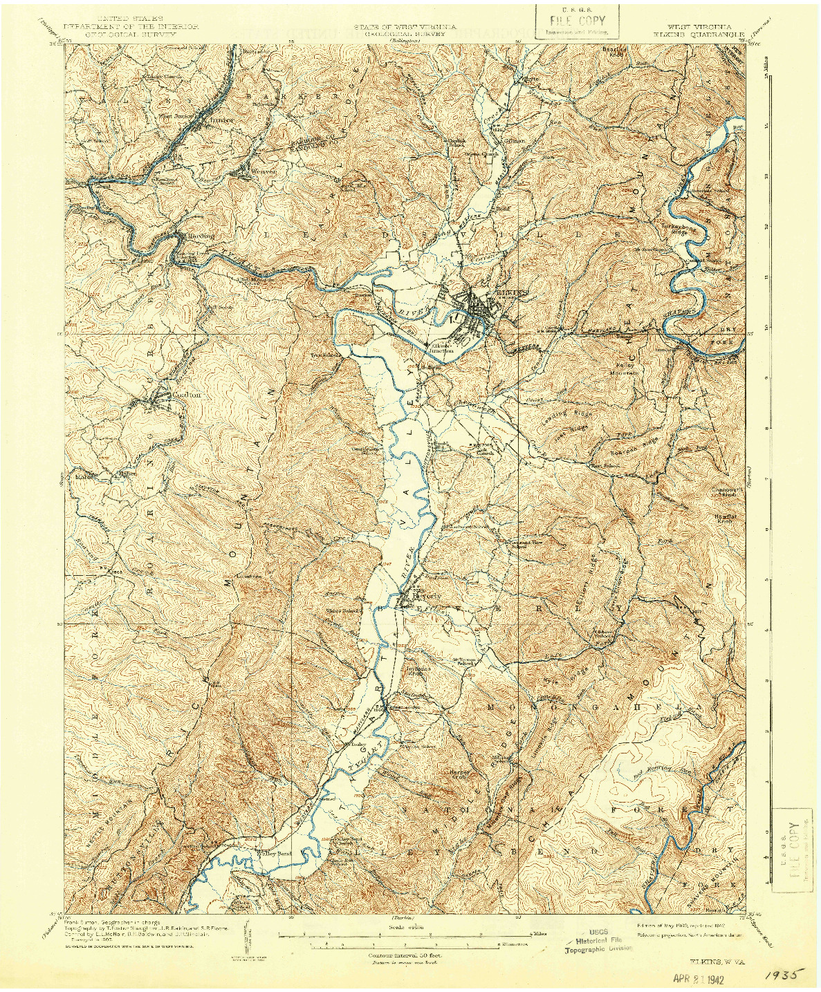 USGS 1:62500-SCALE QUADRANGLE FOR ELKINS, WV 1909