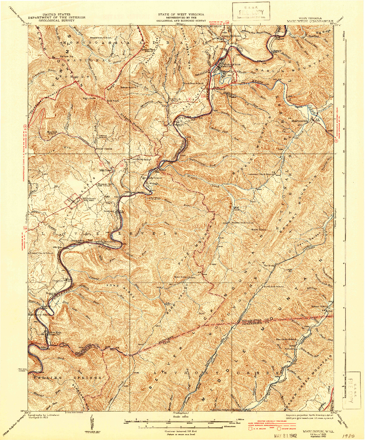USGS 1:62500-SCALE QUADRANGLE FOR MARLINTON, WV 1925