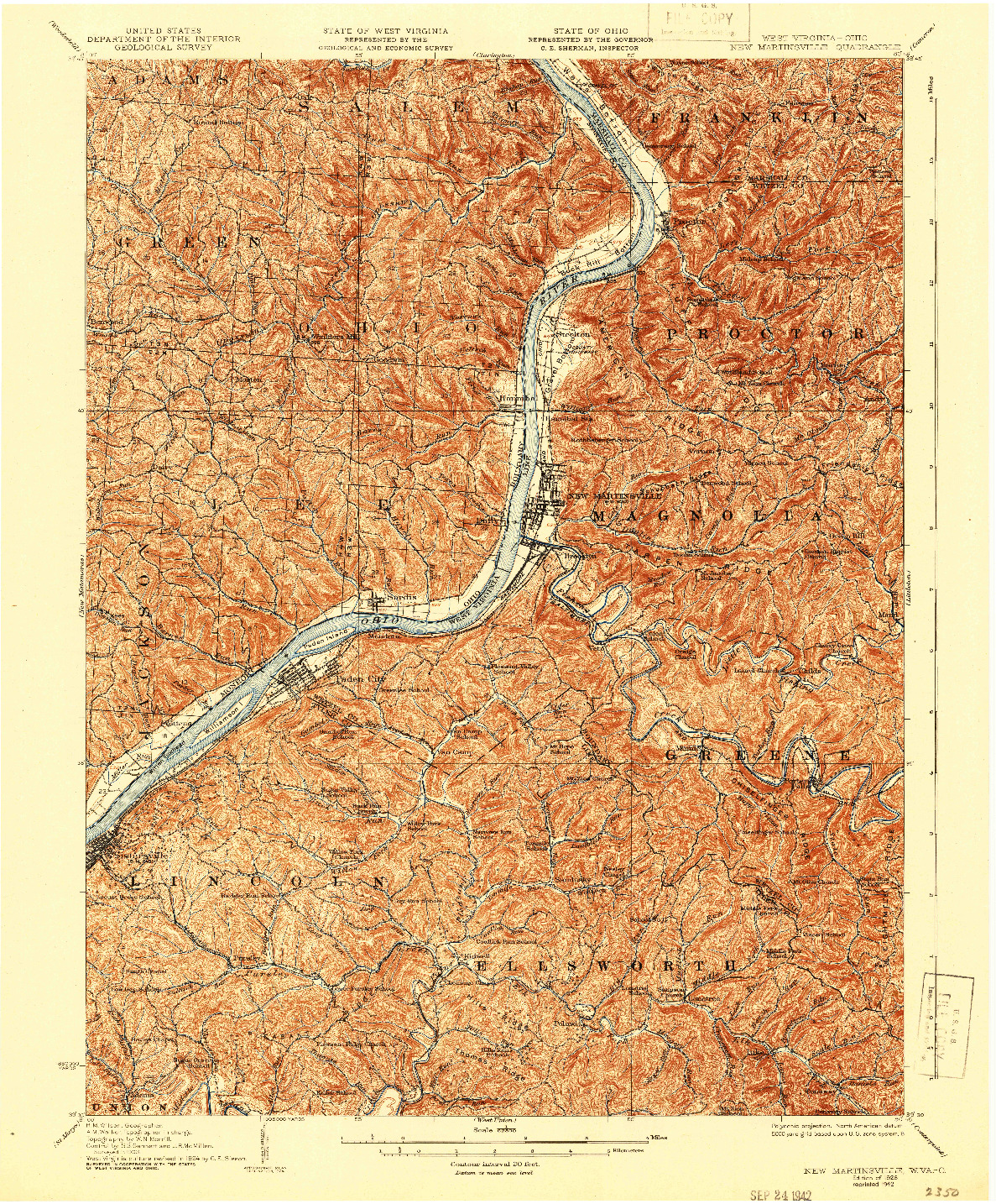 USGS 1:62500-SCALE QUADRANGLE FOR NEW MARTINSVILLE, WV 1926