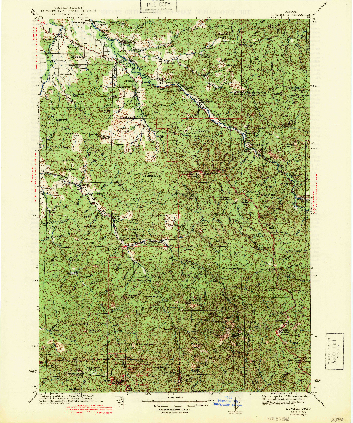 USGS 1:125000-SCALE QUADRANGLE FOR LOWELL, OR 1942