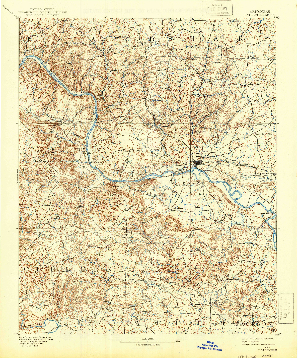 USGS 1:125000-SCALE QUADRANGLE FOR BATESVILLE, AR 1891