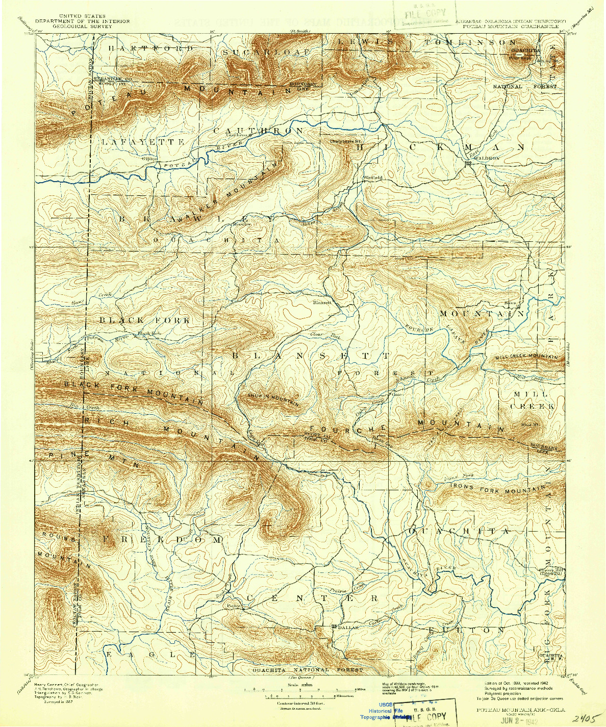 USGS 1:125000-SCALE QUADRANGLE FOR POTEAU MOUNTAIN, AR 1899