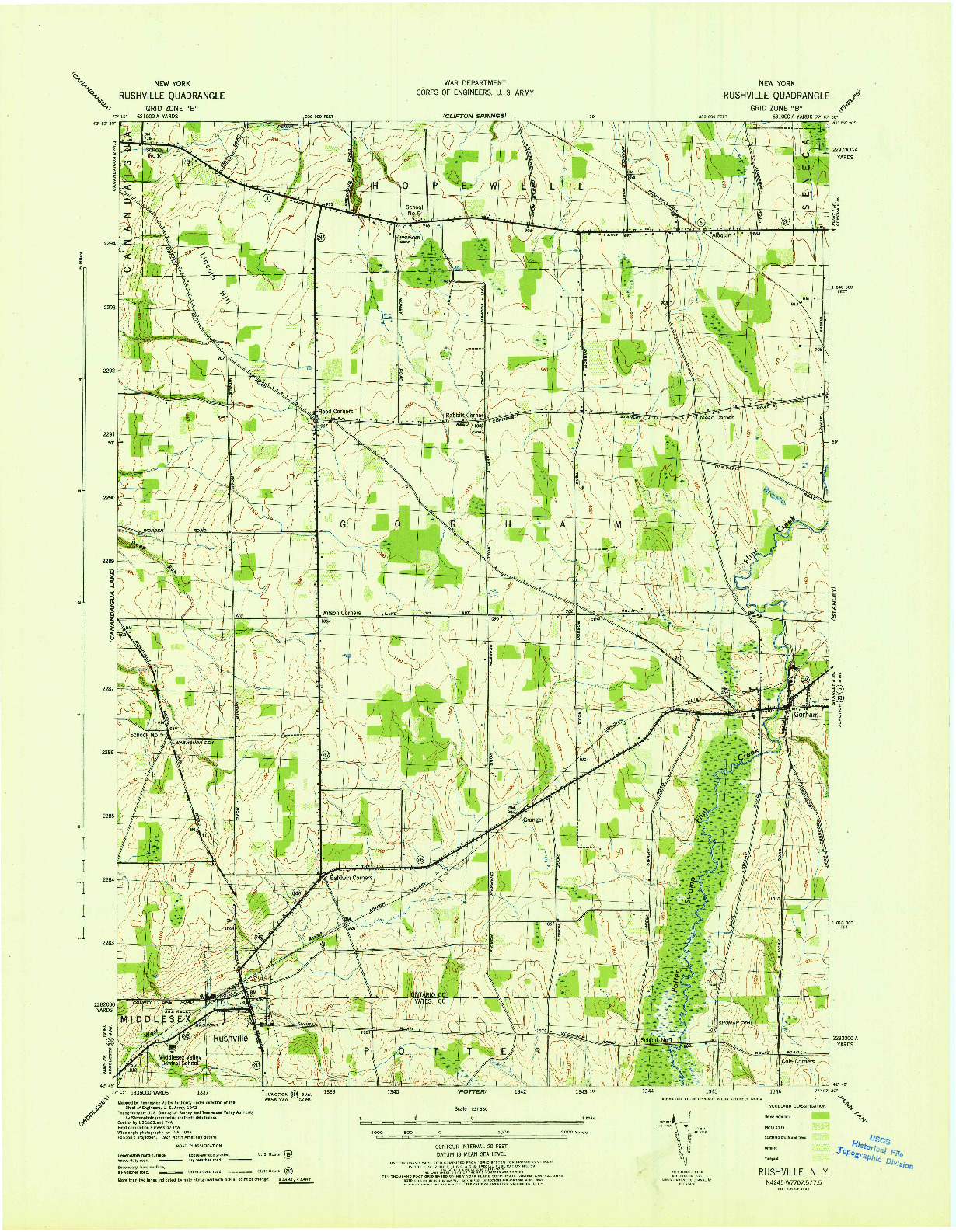 USGS 1:31680-SCALE QUADRANGLE FOR RUSHVILLE, NY 1942
