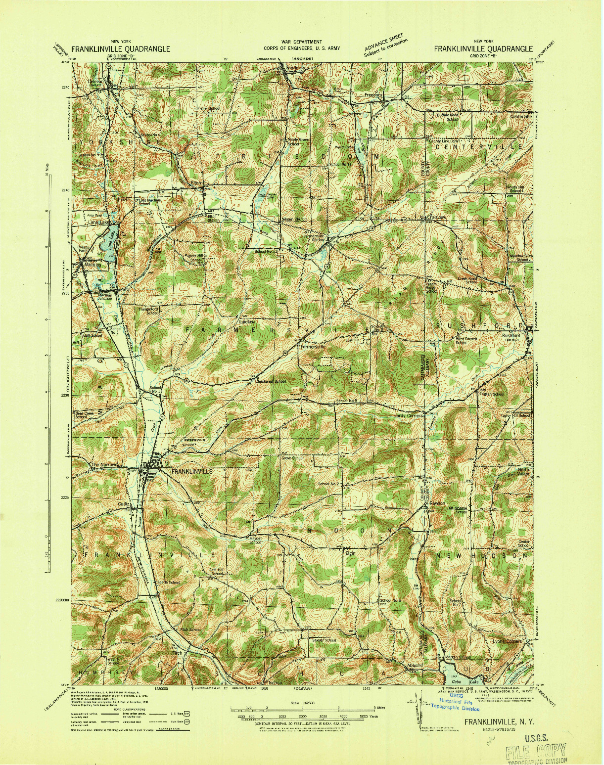 USGS 1:62500-SCALE QUADRANGLE FOR FRANKLINVILLE, NY 1942