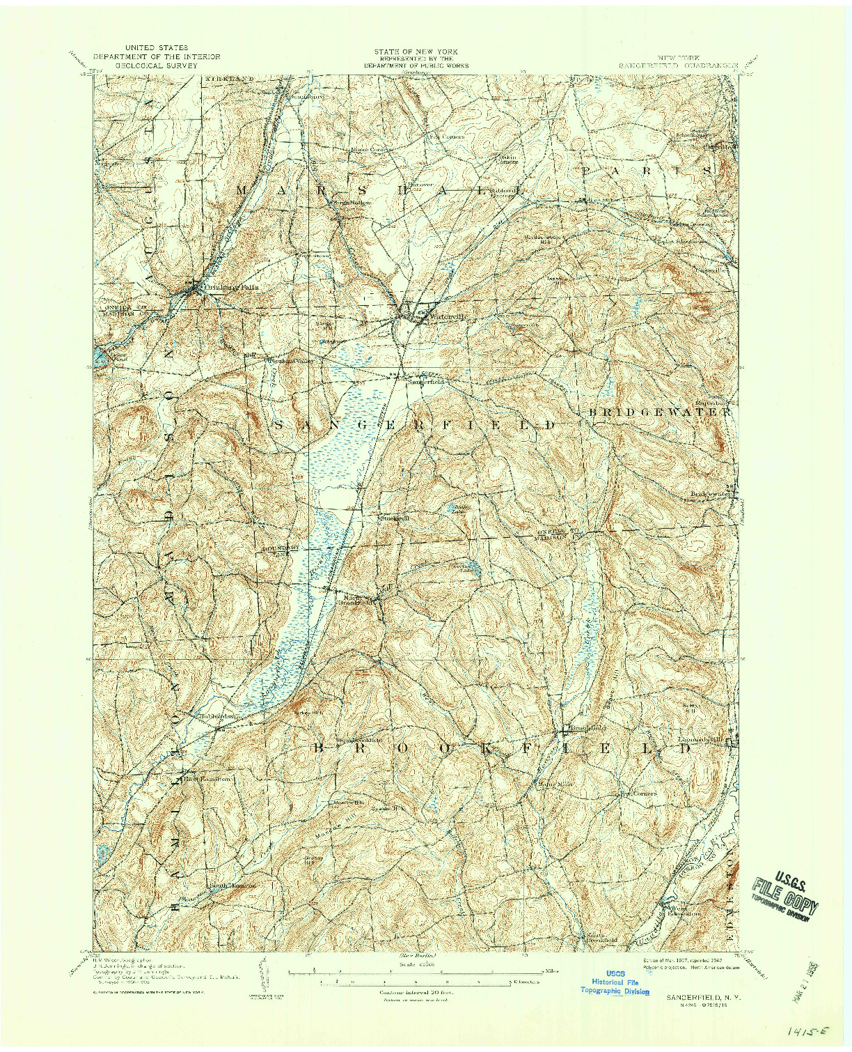 USGS 1:62500-SCALE QUADRANGLE FOR SANGERFIELD, NY 1907