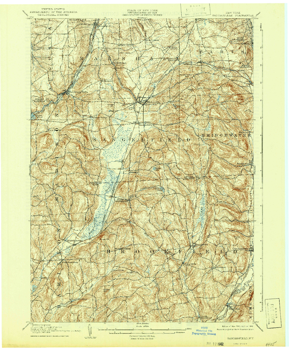 USGS 1:62500-SCALE QUADRANGLE FOR SANGERFIELD, NY 1907