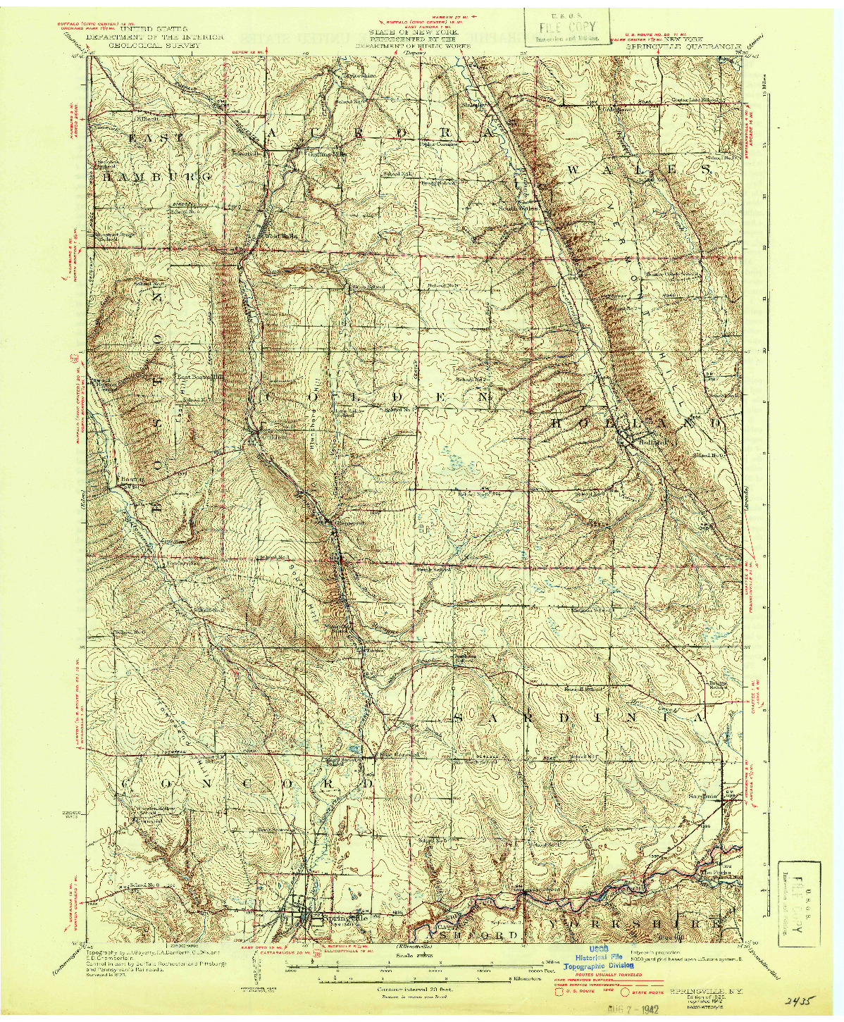 USGS 1:62500-SCALE QUADRANGLE FOR SPRINGVILLE, NY 1925