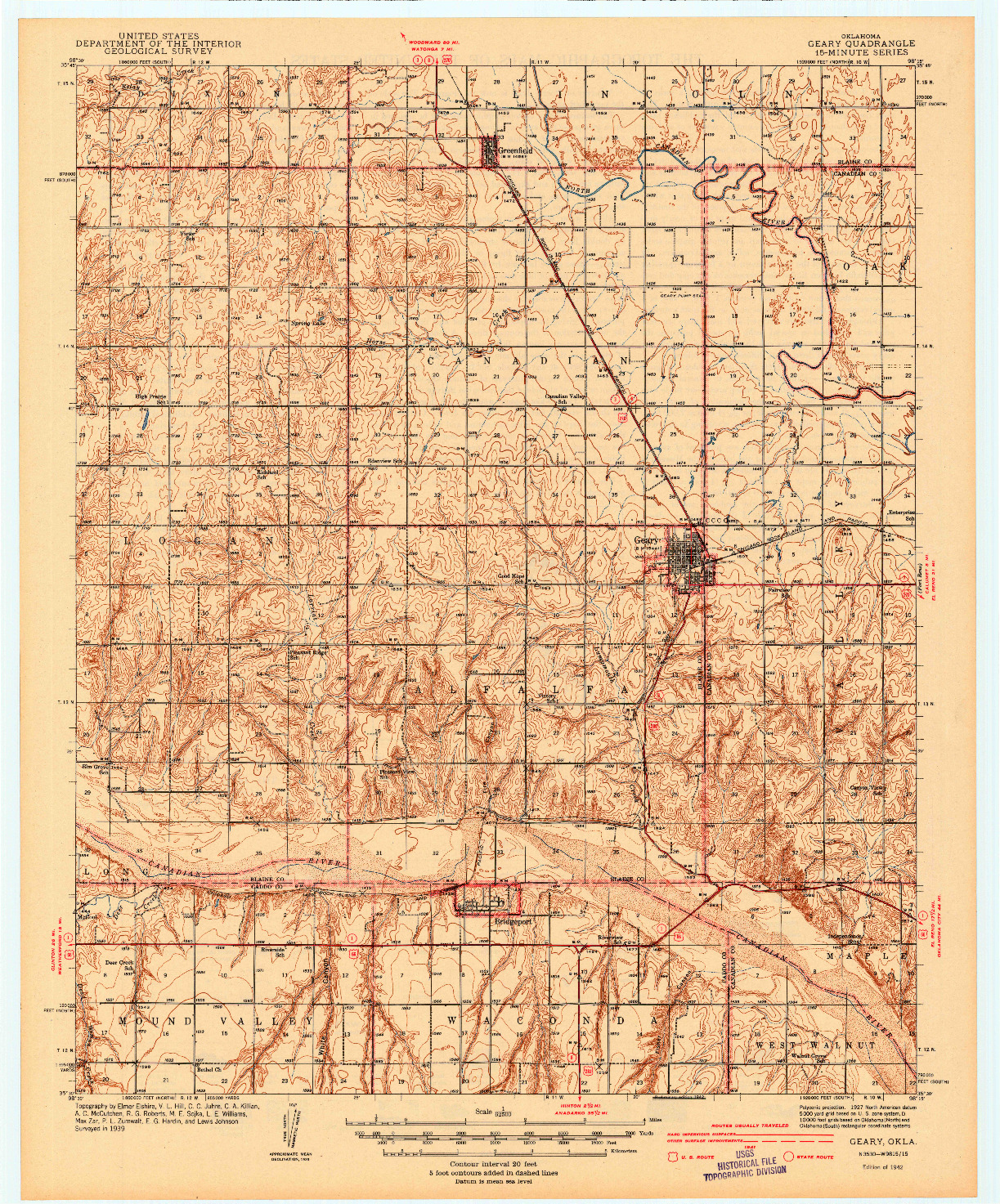 USGS 1:62500-SCALE QUADRANGLE FOR GEARY, OK 1942