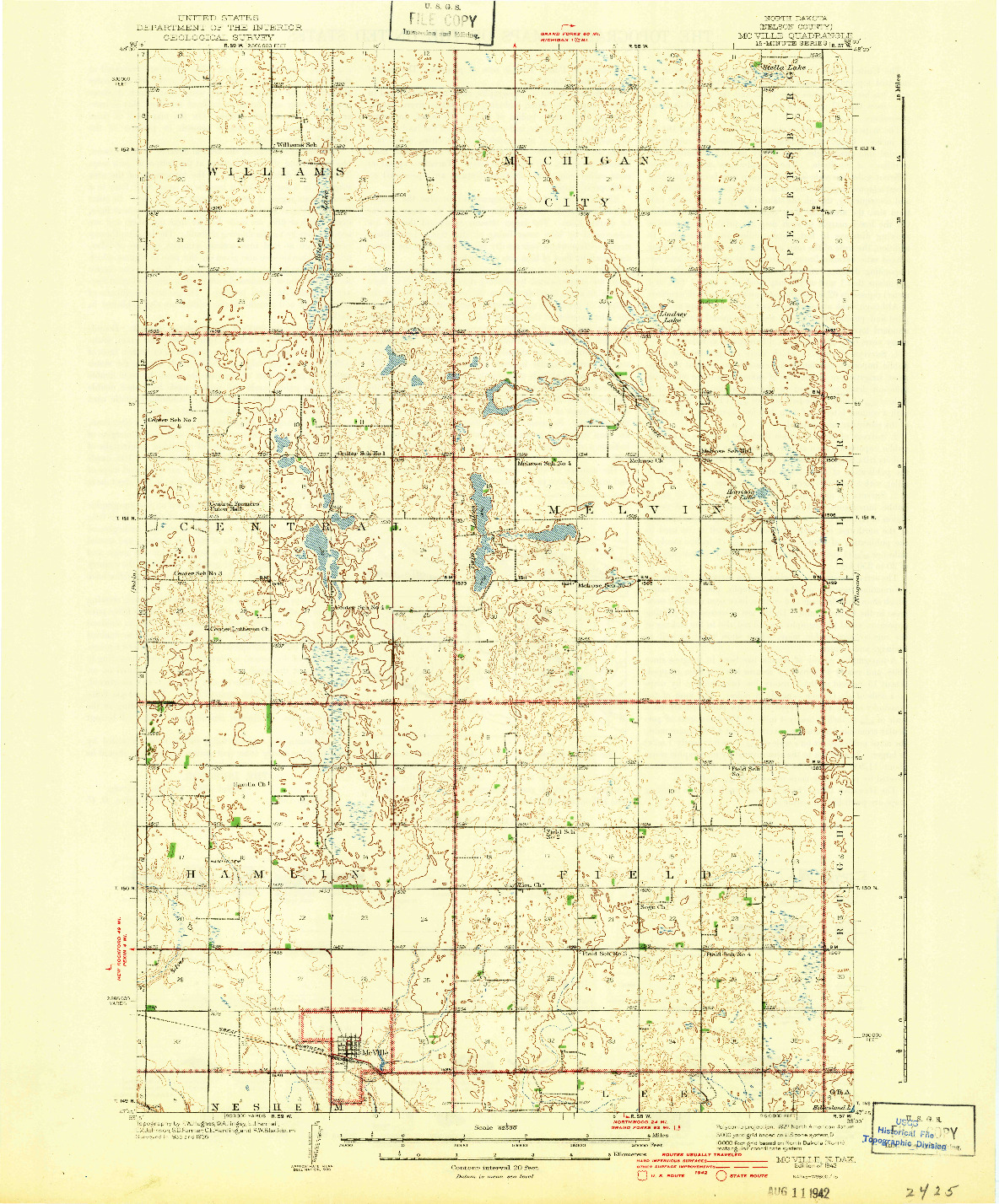 USGS 1:62500-SCALE QUADRANGLE FOR MCVILLE, ND 1942