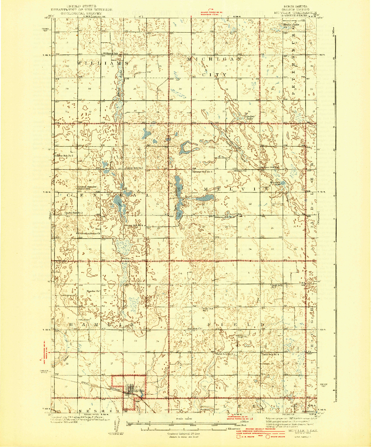 USGS 1:62500-SCALE QUADRANGLE FOR MCVILLE, ND 1942