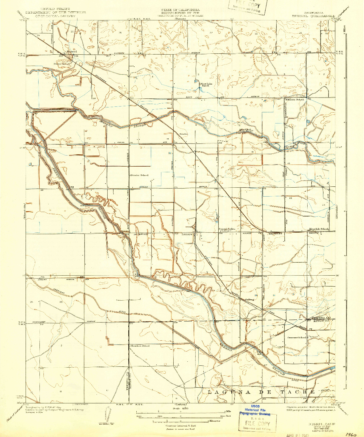 USGS 1:31680-SCALE QUADRANGLE FOR BURREL, CA 1927