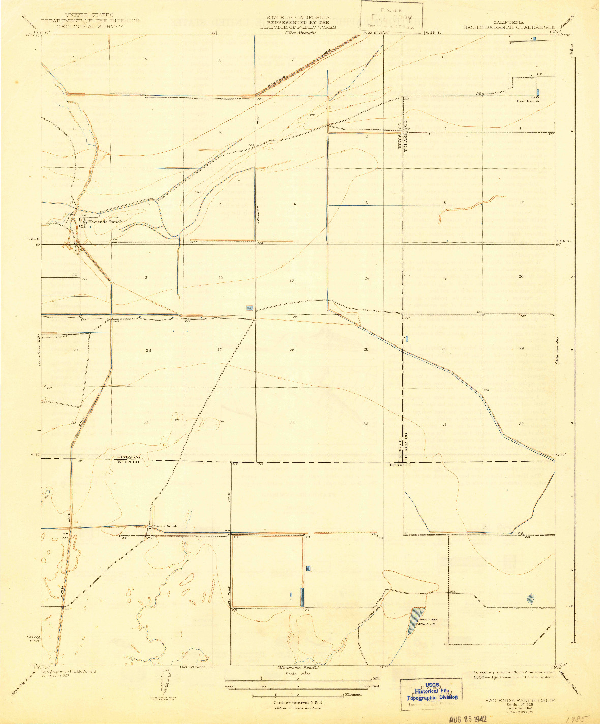 USGS 1:31680-SCALE QUADRANGLE FOR HACIENDA RANCH, CA 1929