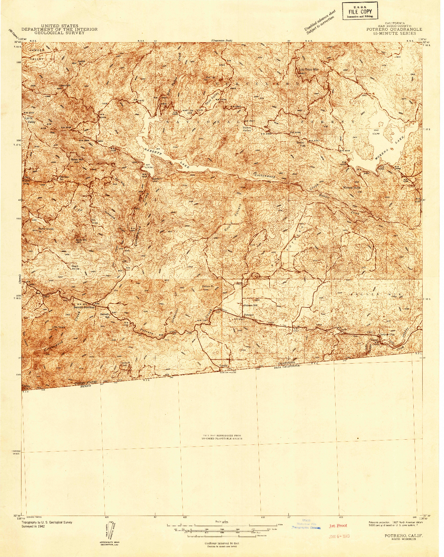 USGS 1:48000-SCALE QUADRANGLE FOR POTRERO, CA 1942