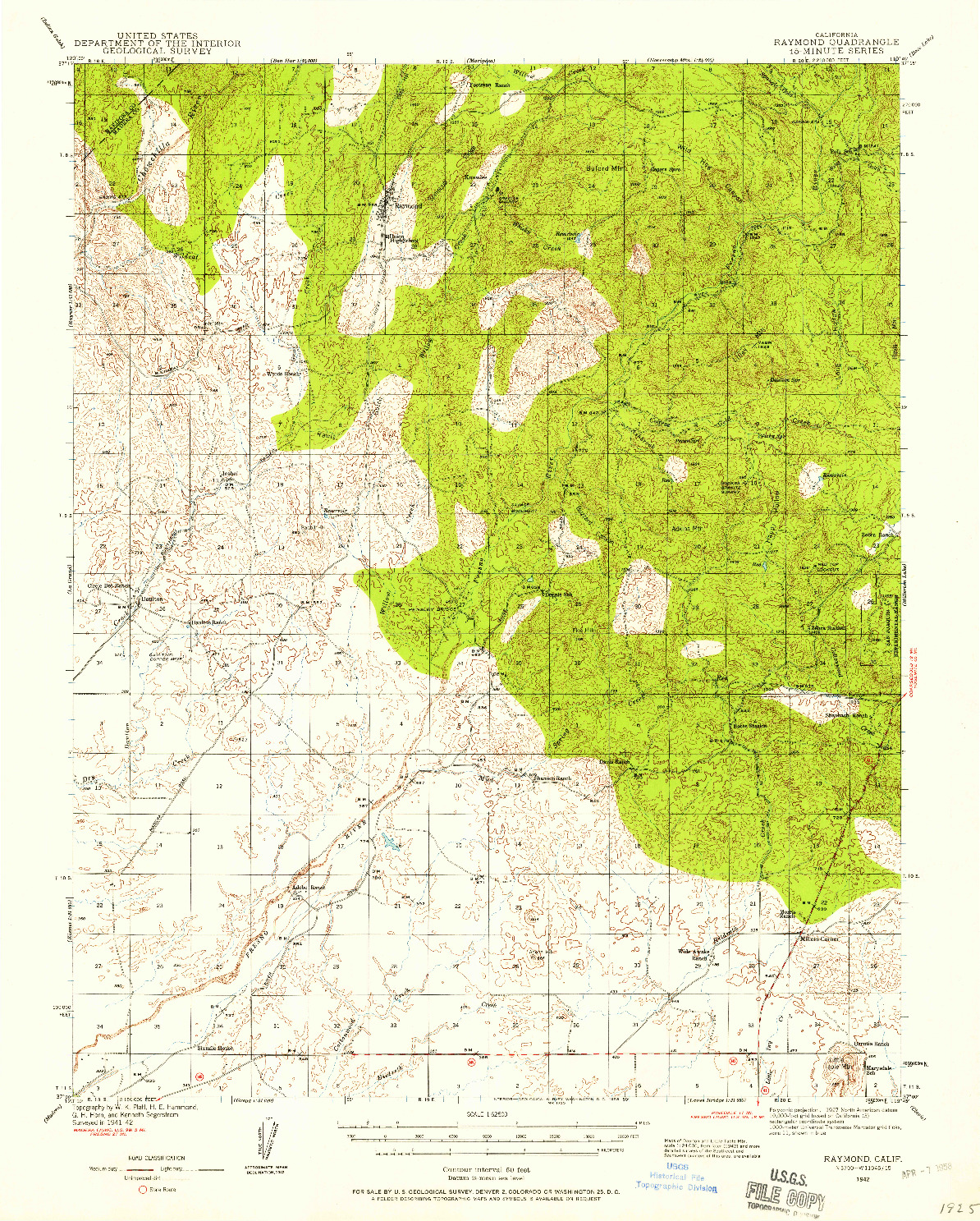 USGS 1:62500-SCALE QUADRANGLE FOR RAYMOND, CA 1942