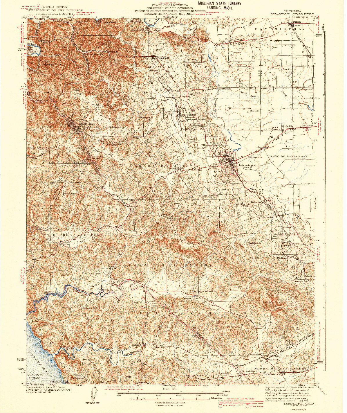 USGS 1:62500-SCALE QUADRANGLE FOR SEBASTOPOL, CA 1942