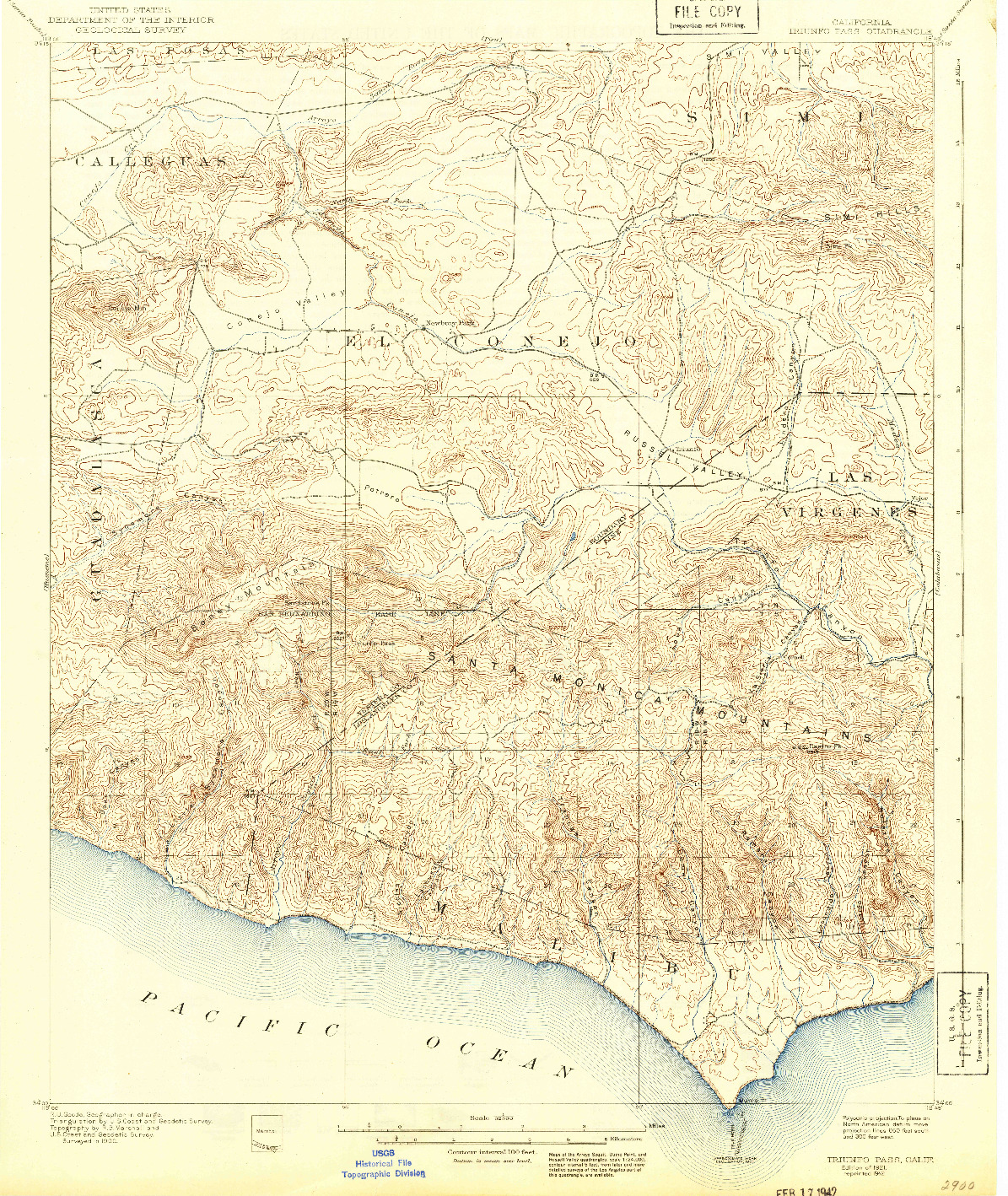 USGS 1:62500-SCALE QUADRANGLE FOR TRIUNFO PASS, CA 1921