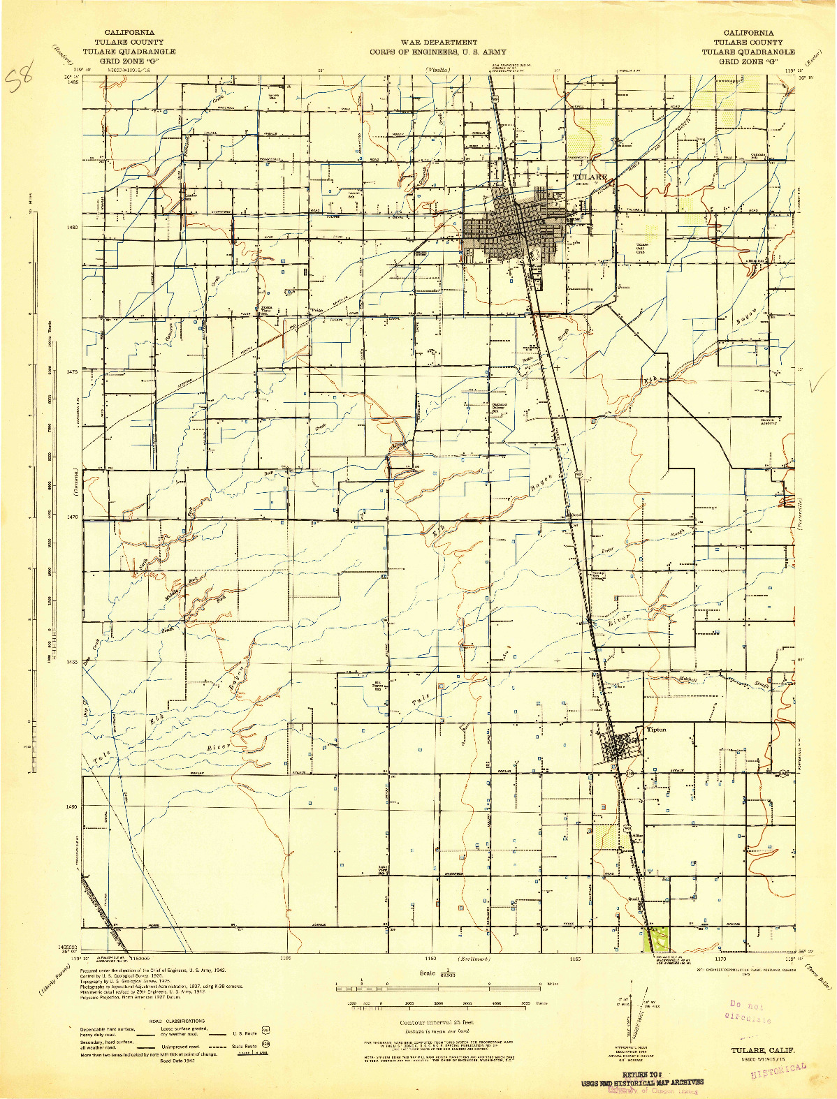 USGS 1:62500-SCALE QUADRANGLE FOR TULARE, CA 1942