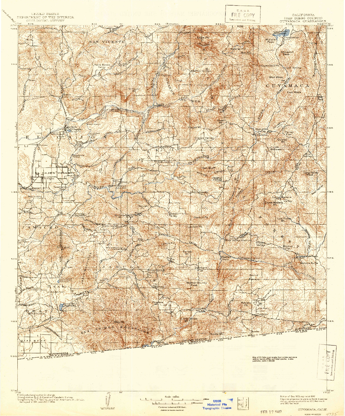 USGS 1:125000-SCALE QUADRANGLE FOR CUYAMACA, CA 1903