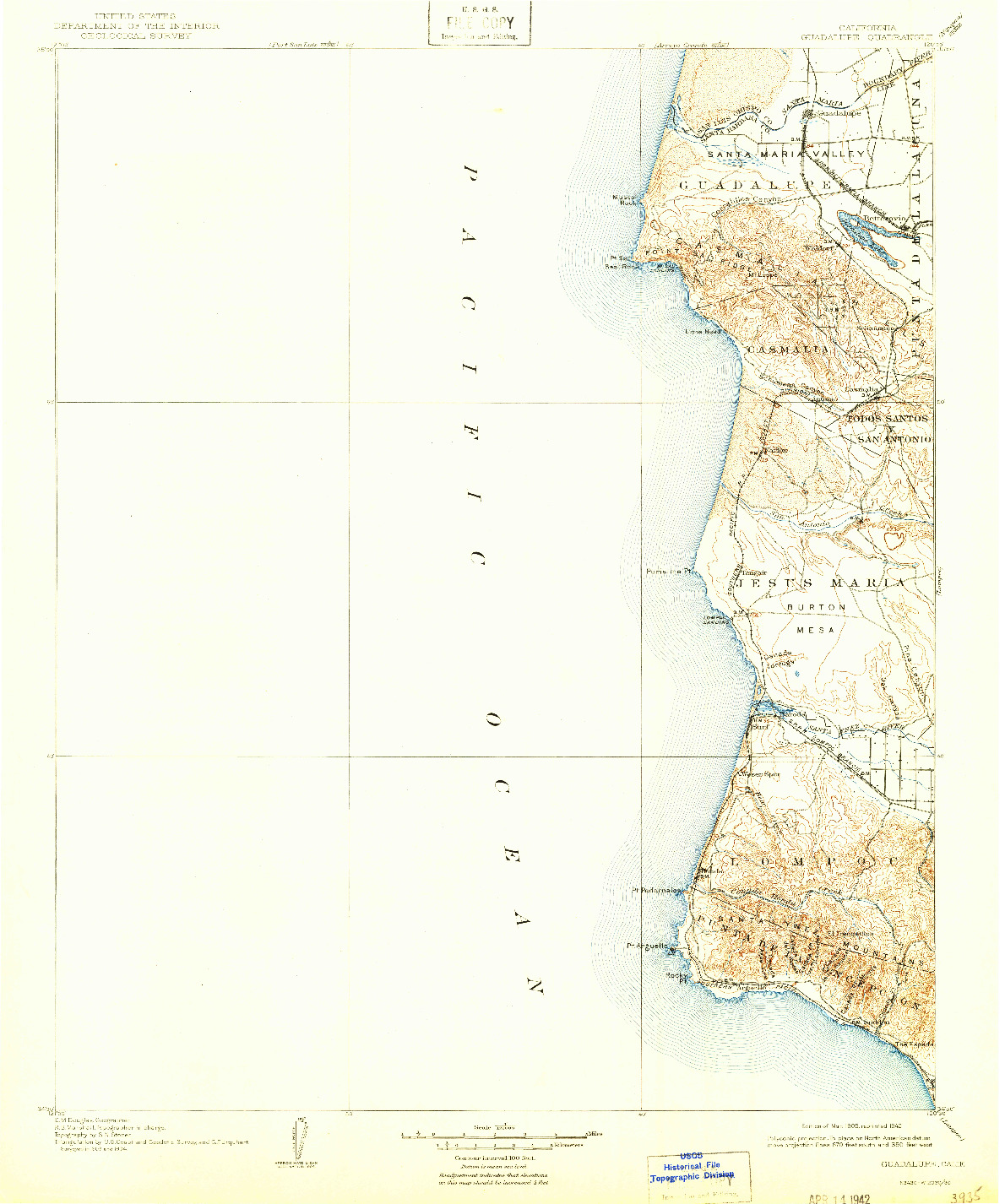 USGS 1:125000-SCALE QUADRANGLE FOR GUADALUPE, CA 1905