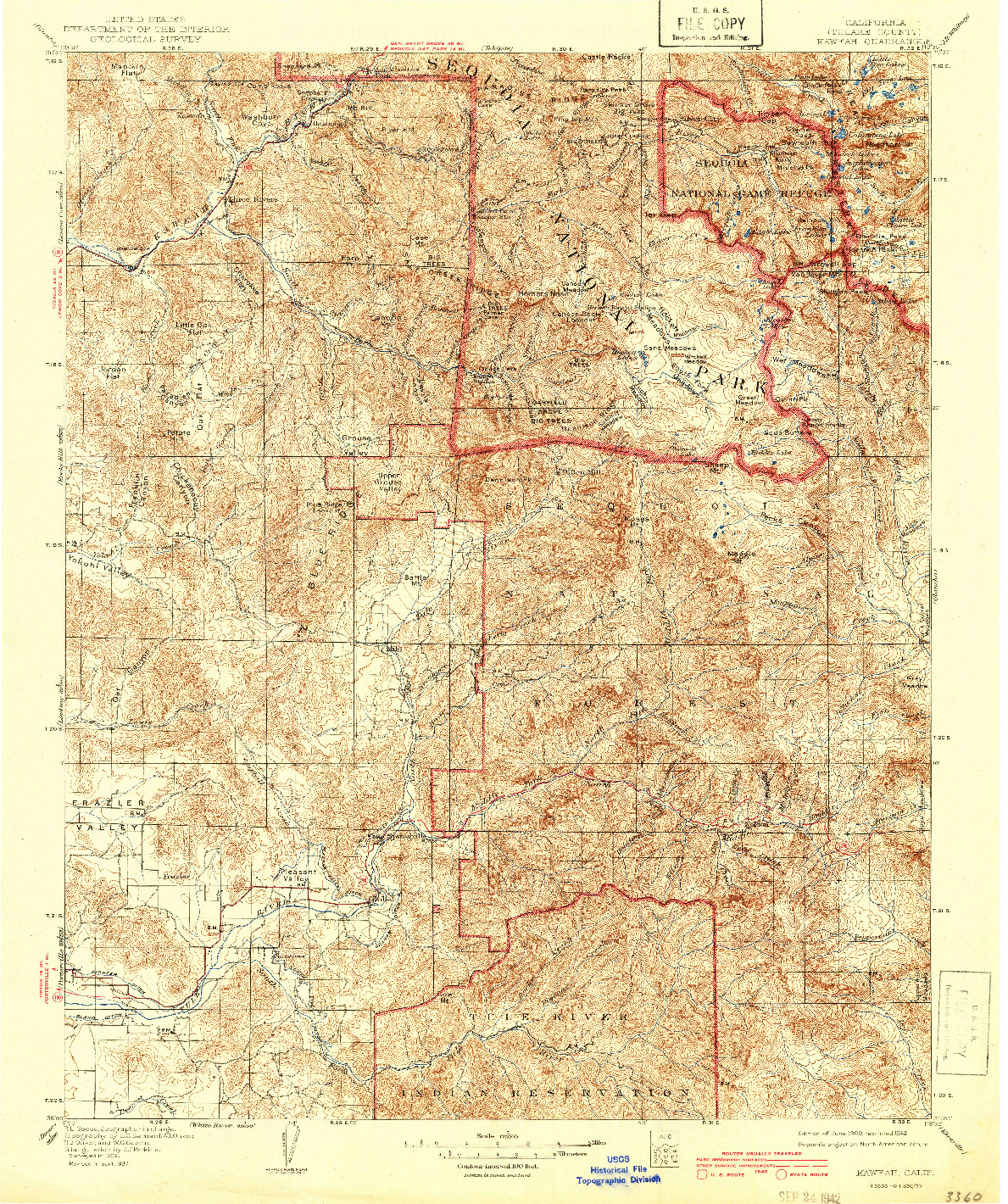 USGS 1:125000-SCALE QUADRANGLE FOR KAWEAH, CA 1909