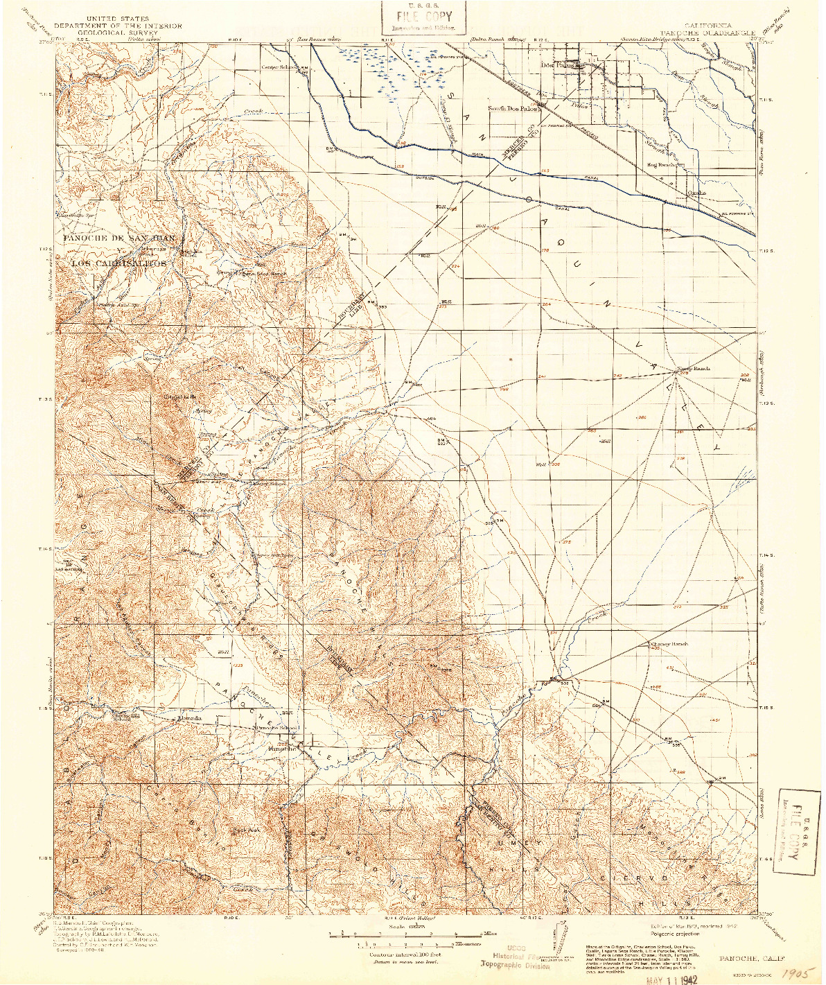 USGS 1:125000-SCALE QUADRANGLE FOR PANOCHE, CA 1913