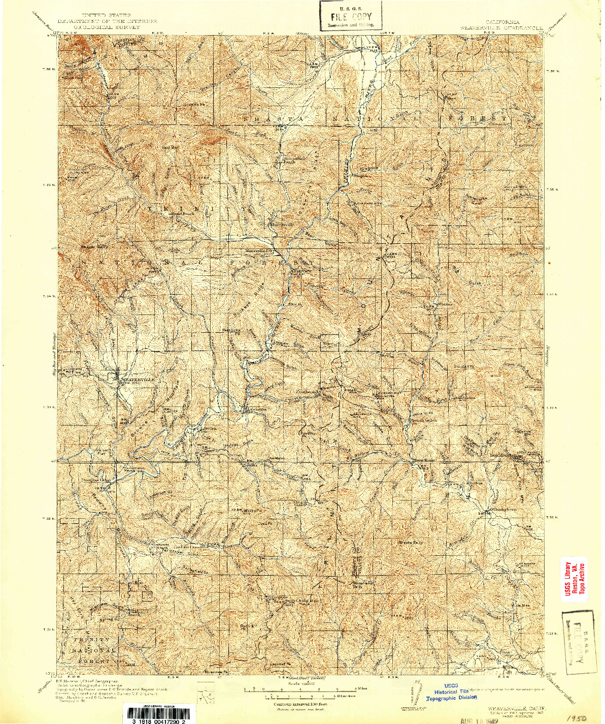 USGS 1:125000-SCALE QUADRANGLE FOR WEAVERVILLE, CA 1913