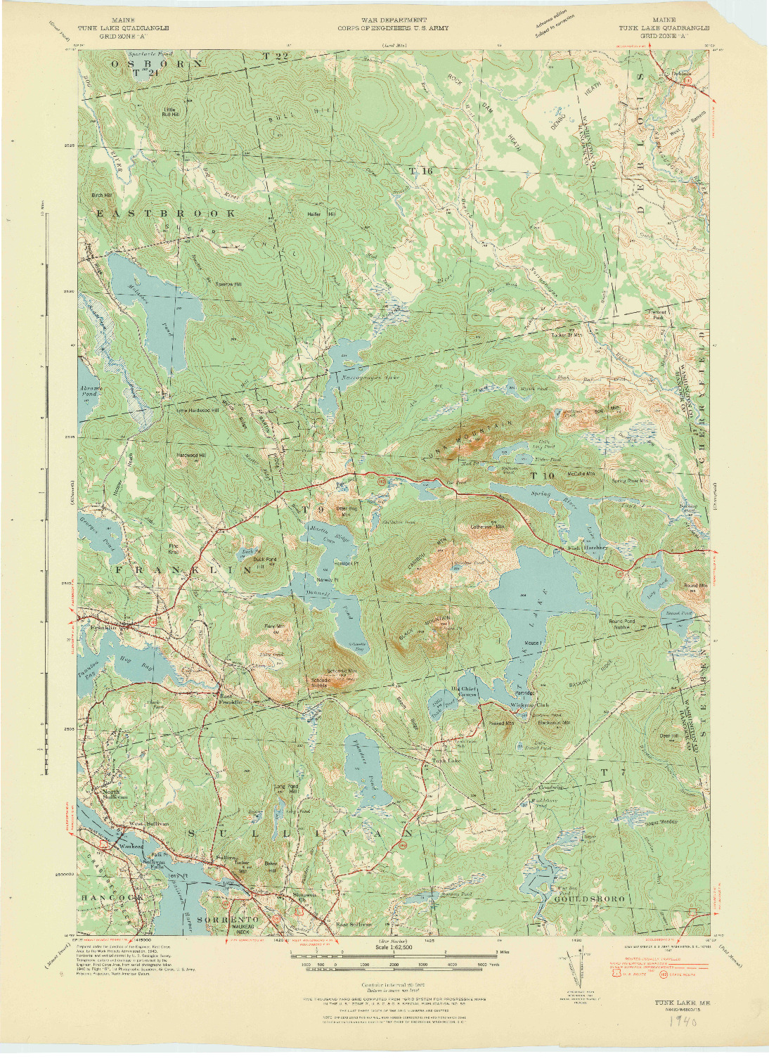 USGS 1:62500-SCALE QUADRANGLE FOR TUNK LAKE, ME 1942