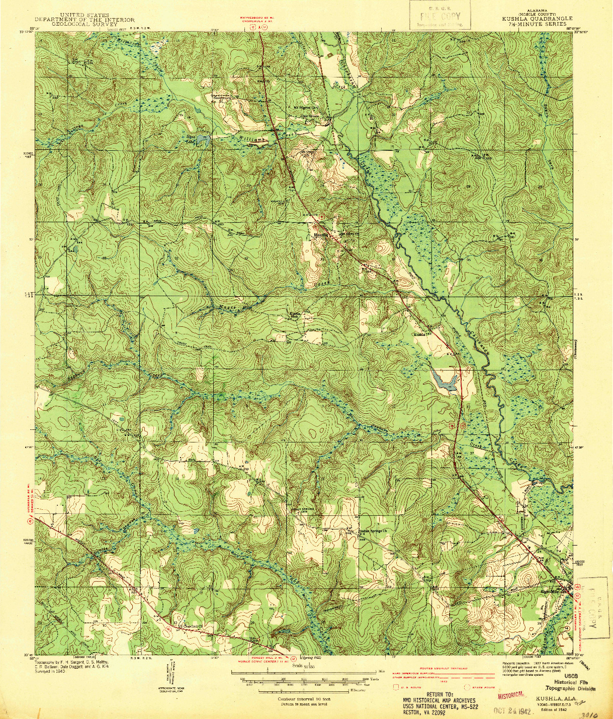 USGS 1:31680-SCALE QUADRANGLE FOR KUSHLA, AL 1942