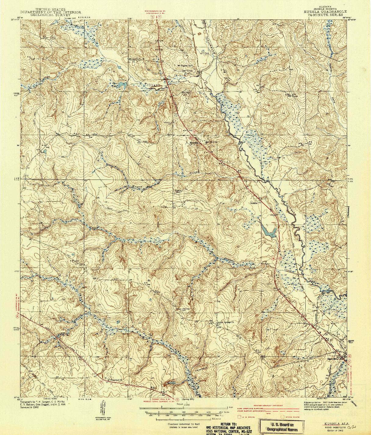 USGS 1:31680-SCALE QUADRANGLE FOR KUSHLA, AL 1942