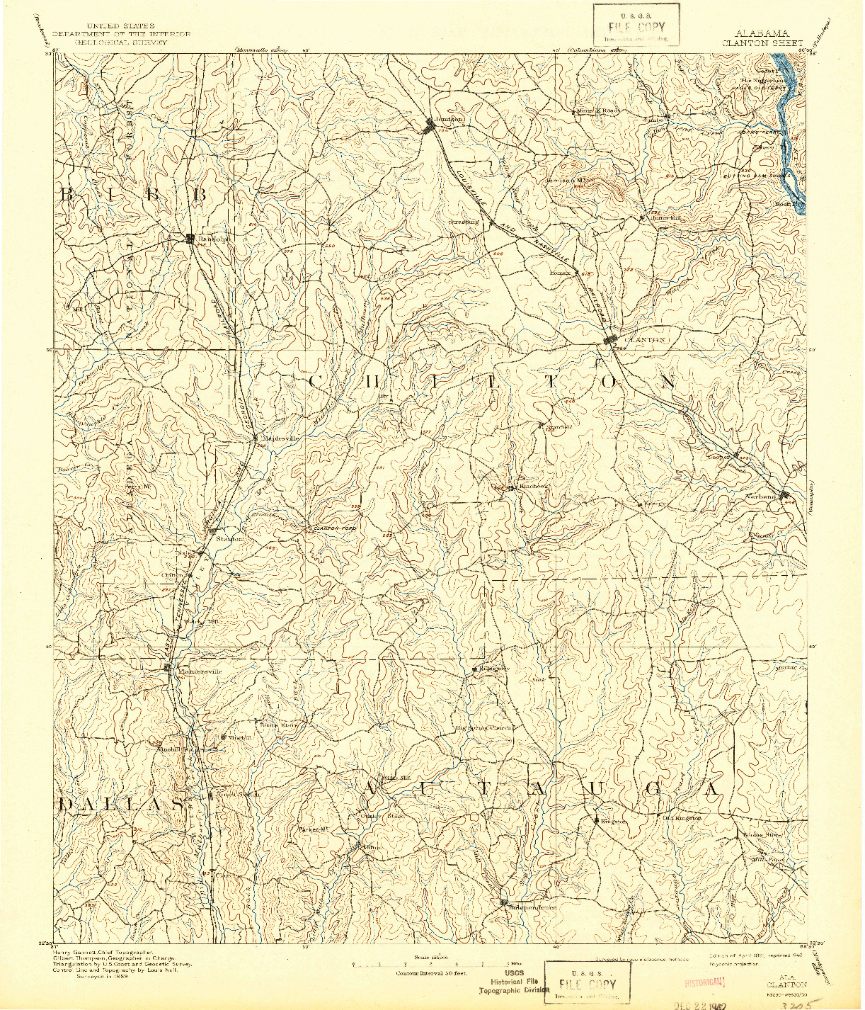 USGS 1:125000-SCALE QUADRANGLE FOR CLANTON, AL 1891