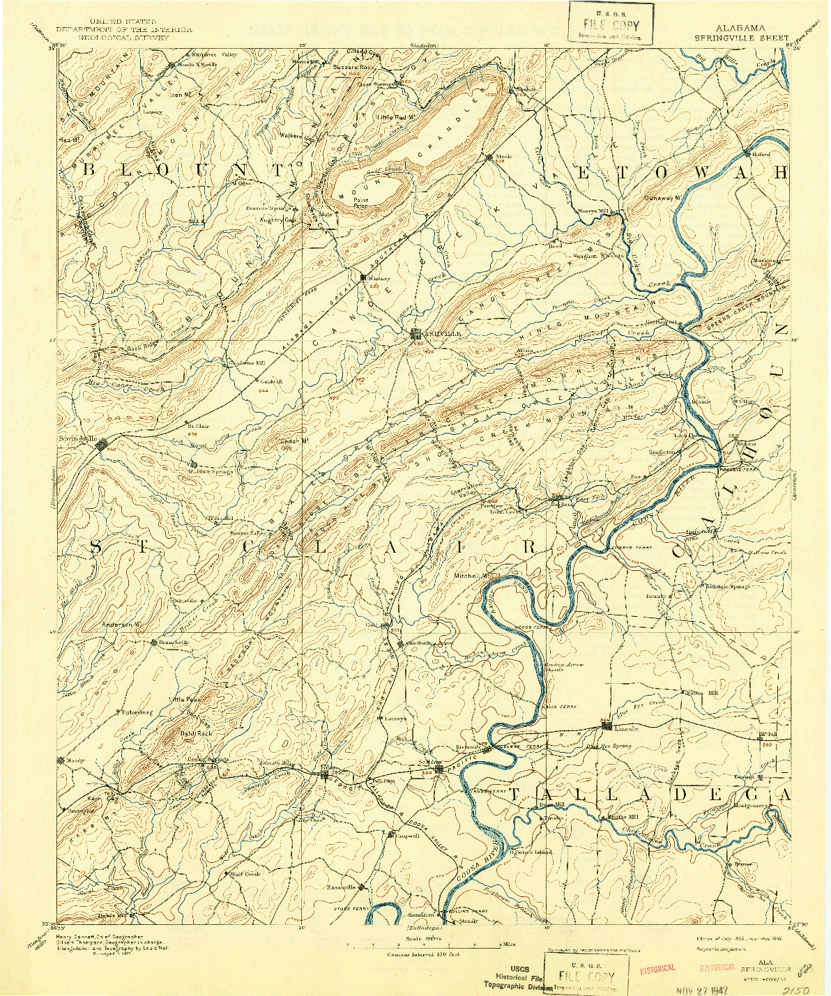 USGS 1:125000-SCALE QUADRANGLE FOR SPRINGVILLE, AL 1892