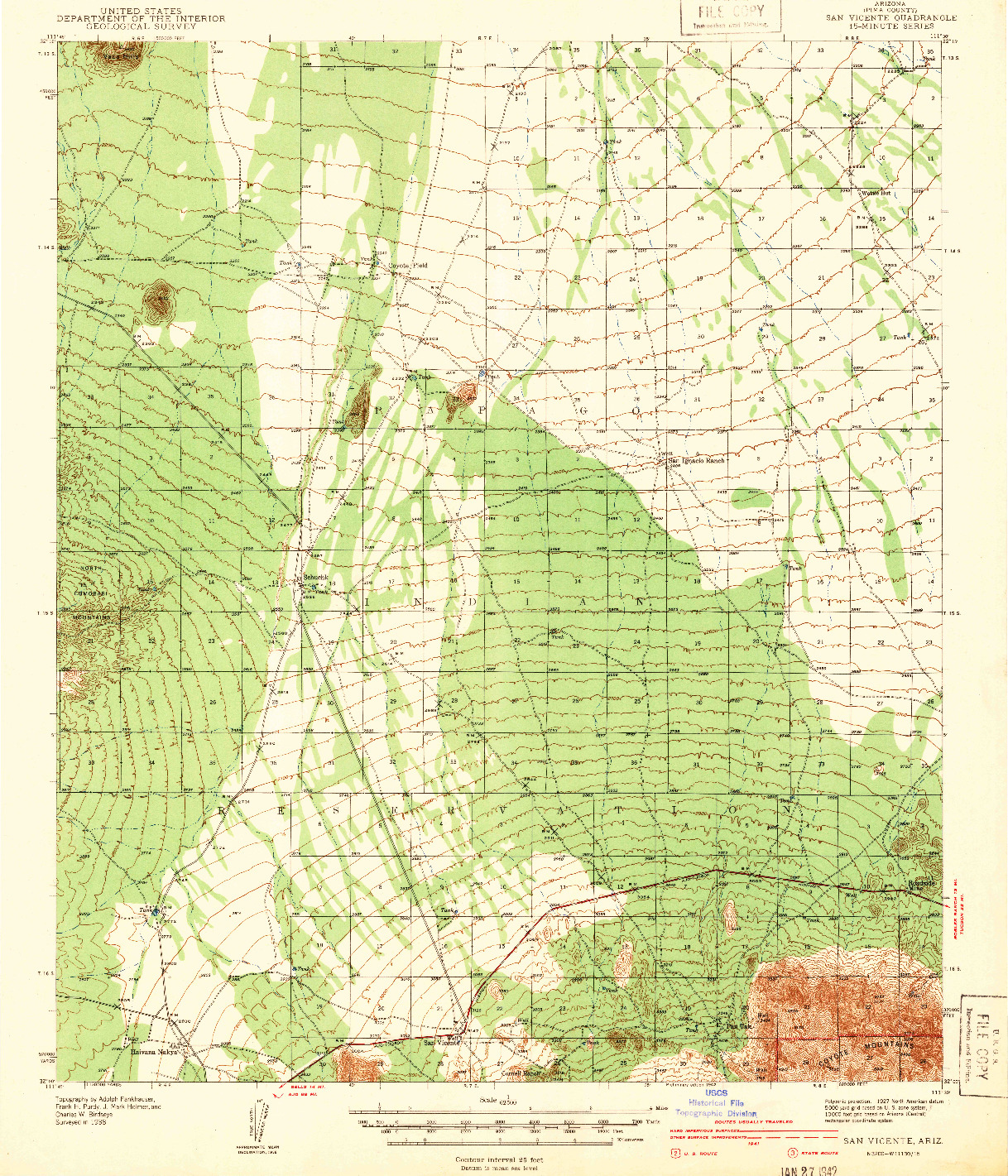 USGS 1:62500-SCALE QUADRANGLE FOR SAN VICENTE, AZ 1942