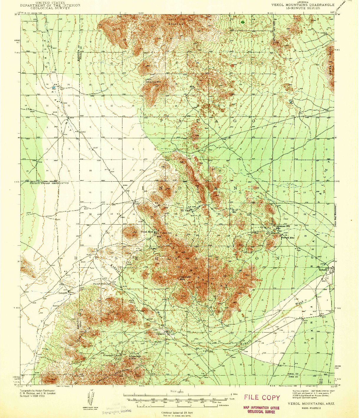 USGS 1:62500-SCALE QUADRANGLE FOR VEKOL MOUNTAINS, AZ 1942
