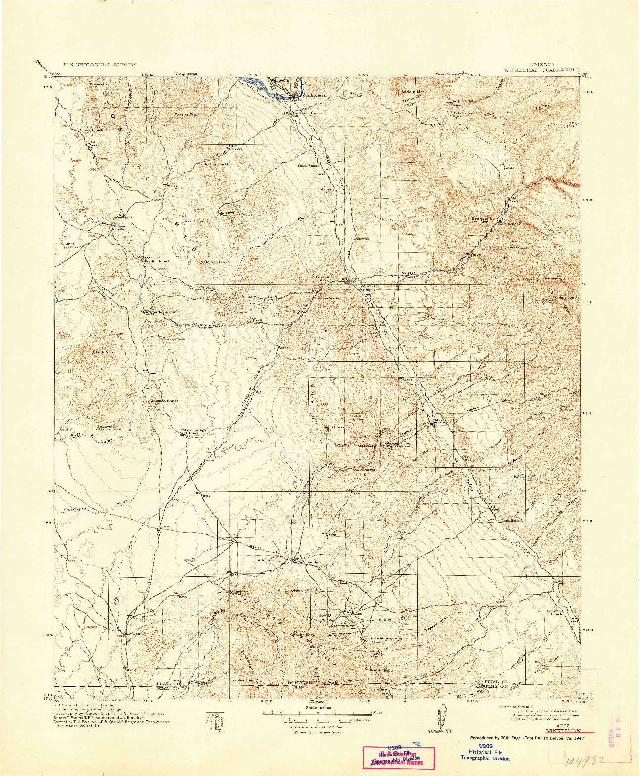 USGS 1:125000-SCALE QUADRANGLE FOR WINKELMAN, AZ 1913