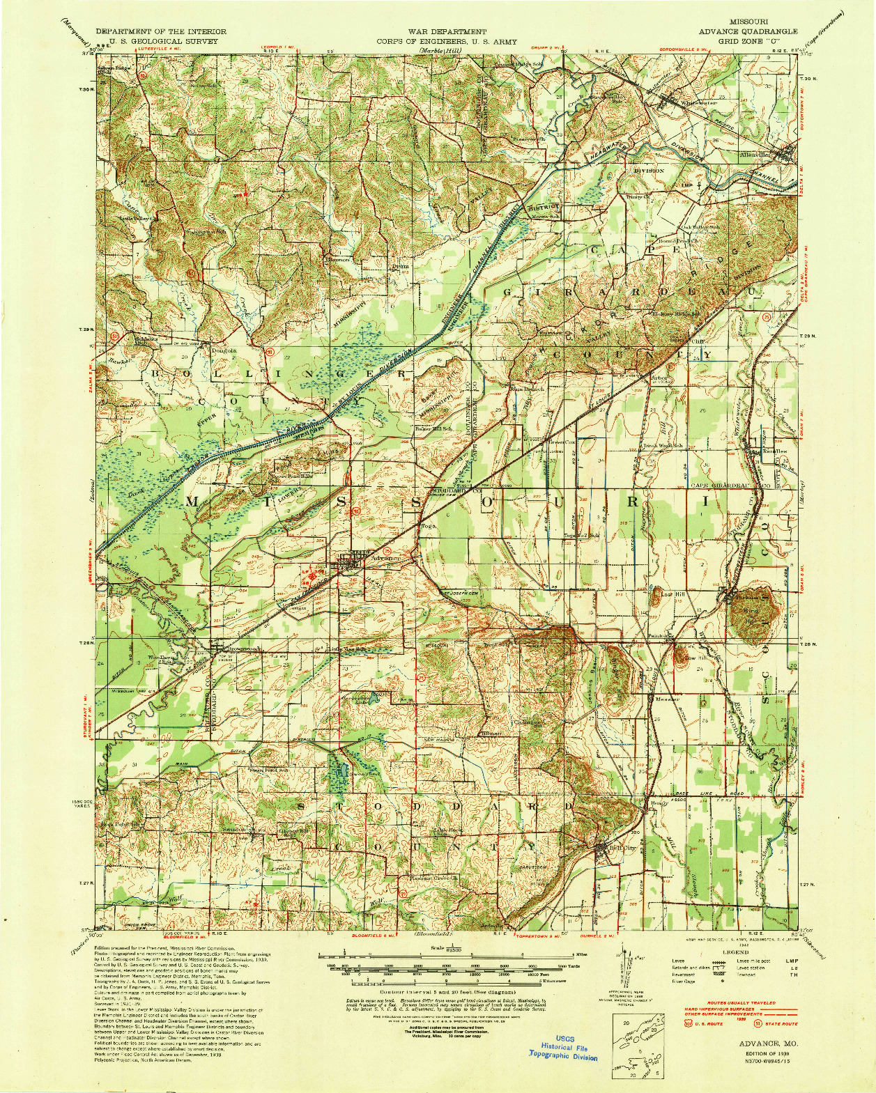USGS 1:62500-SCALE QUADRANGLE FOR ADVANCE, MO 1939