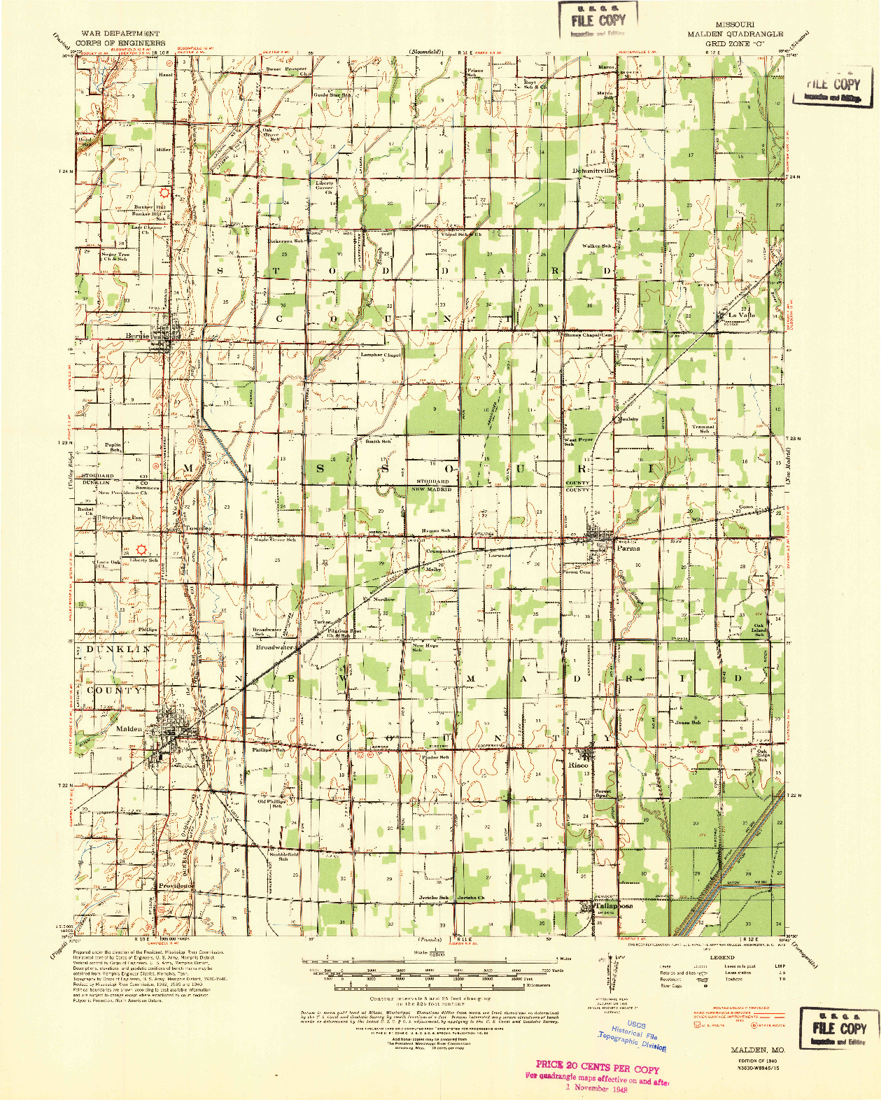 USGS 1:62500-SCALE QUADRANGLE FOR MALDEN, MO 1940