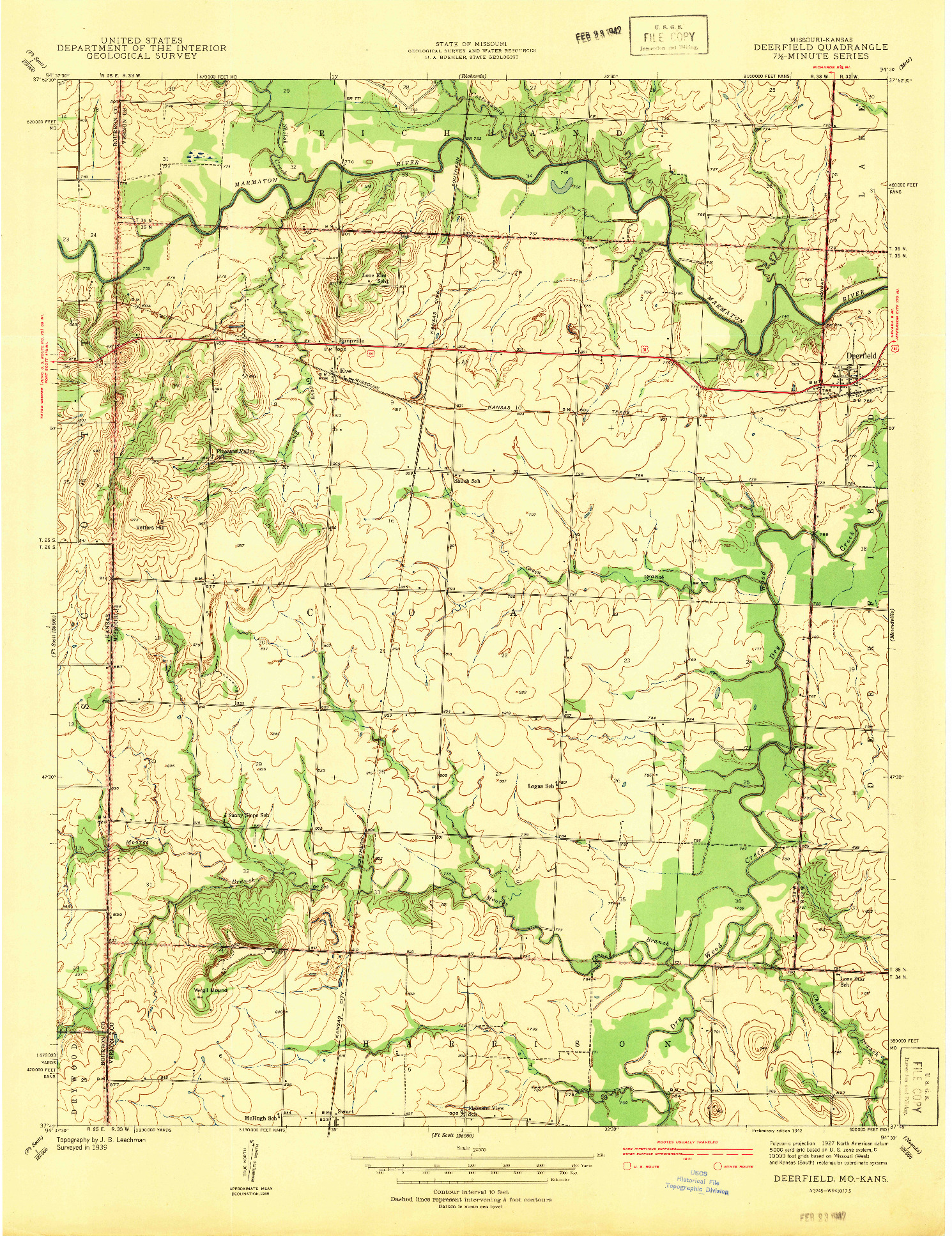 USGS 1:24000-SCALE QUADRANGLE FOR DEERFIELD, MO 1942