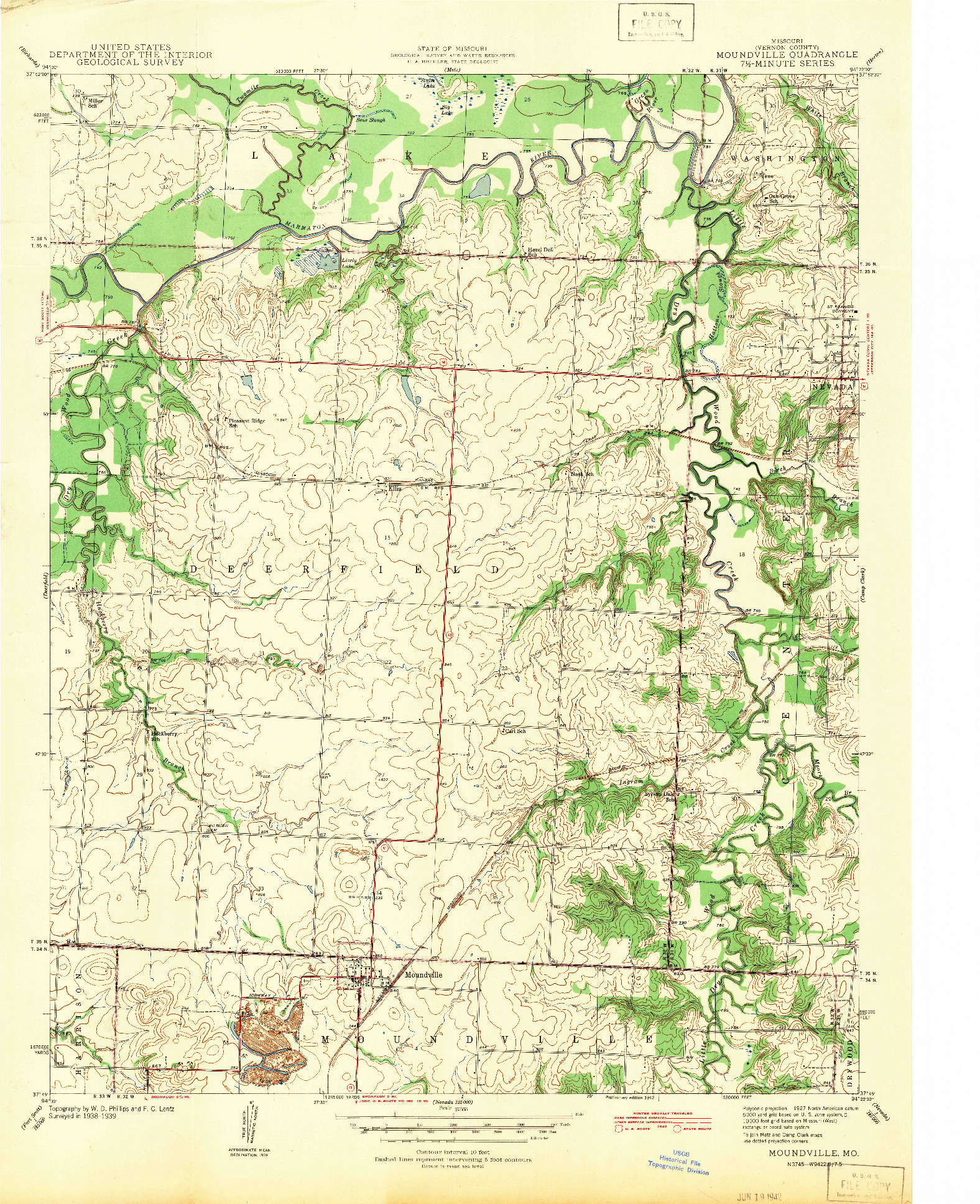 USGS 1:24000-SCALE QUADRANGLE FOR MOUNDVILLE, MO 1942