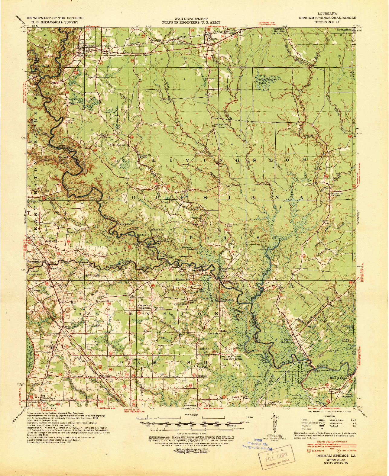 USGS 1:62500-SCALE QUADRANGLE FOR DENHAM SPRINGS, LA 1939