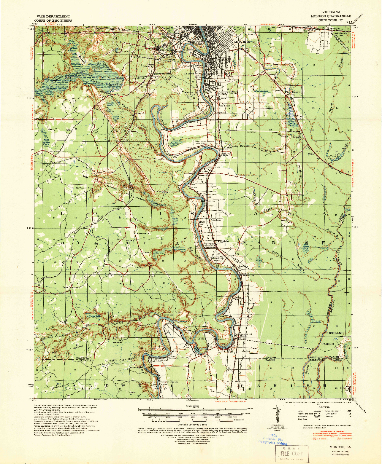 USGS 1:62500-SCALE QUADRANGLE FOR MONROE, LA 1940