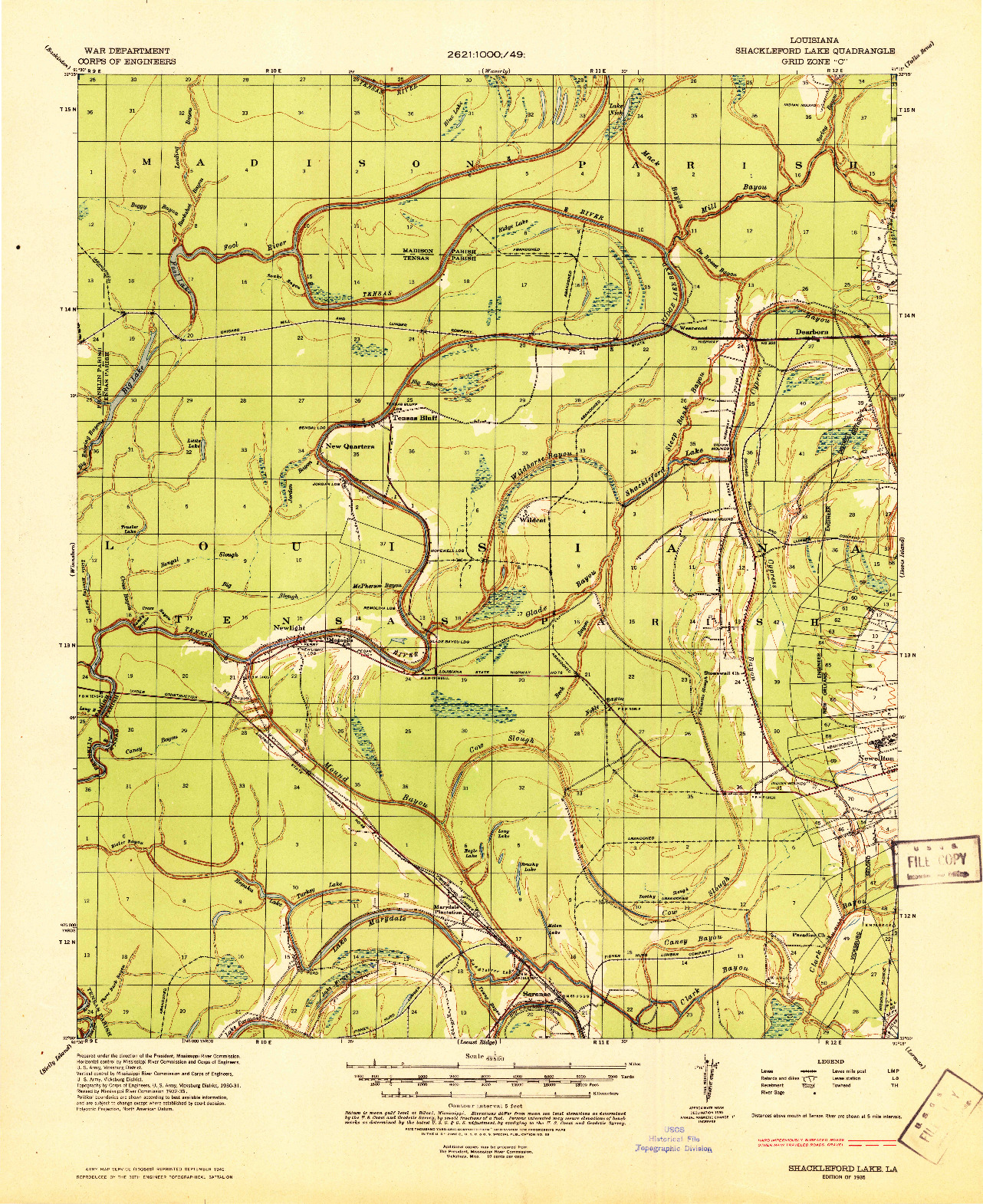 USGS 1:62500-SCALE QUADRANGLE FOR SHACKLEFORD LAKE, LA 1935