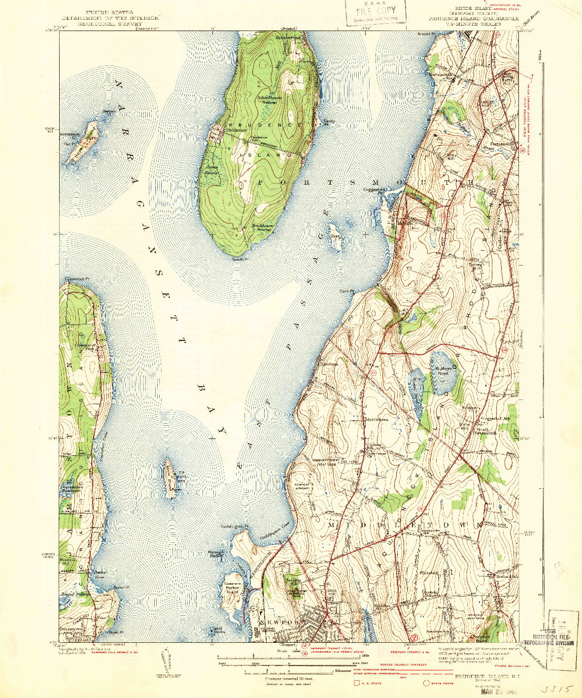 USGS 1:31680-SCALE QUADRANGLE FOR PRUDENCE ISLAND, RI 1942