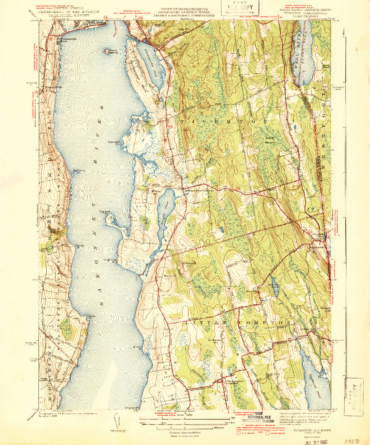 USGS 1:31680-SCALE QUADRANGLE FOR TIVERTON, RI 1942