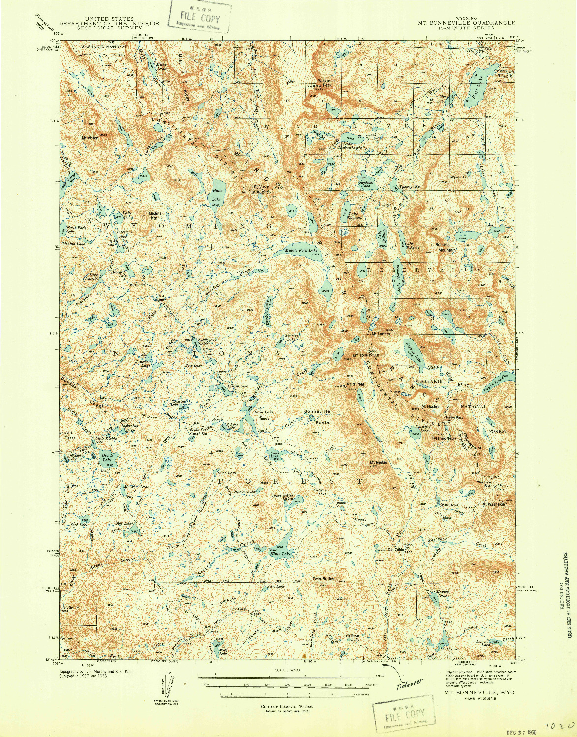 USGS 1:62500-SCALE QUADRANGLE FOR MT BONNEVILLE, WY 1942