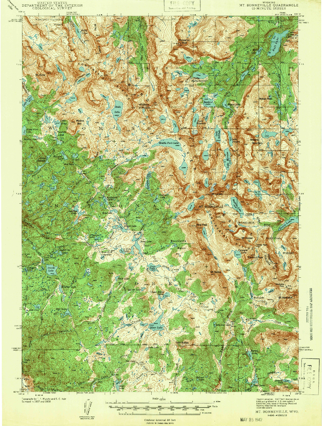USGS 1:62500-SCALE QUADRANGLE FOR MT BONNEVILLE, WY 1942