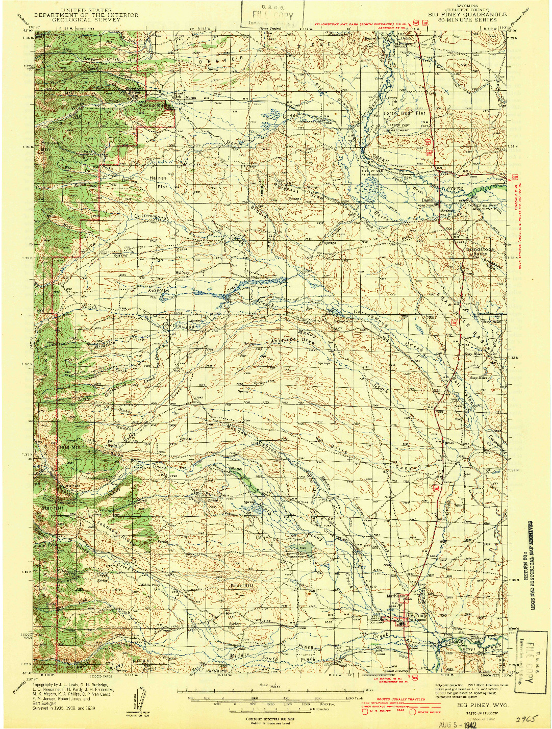 USGS 1:125000-SCALE QUADRANGLE FOR BIG PINEY, WY 1942